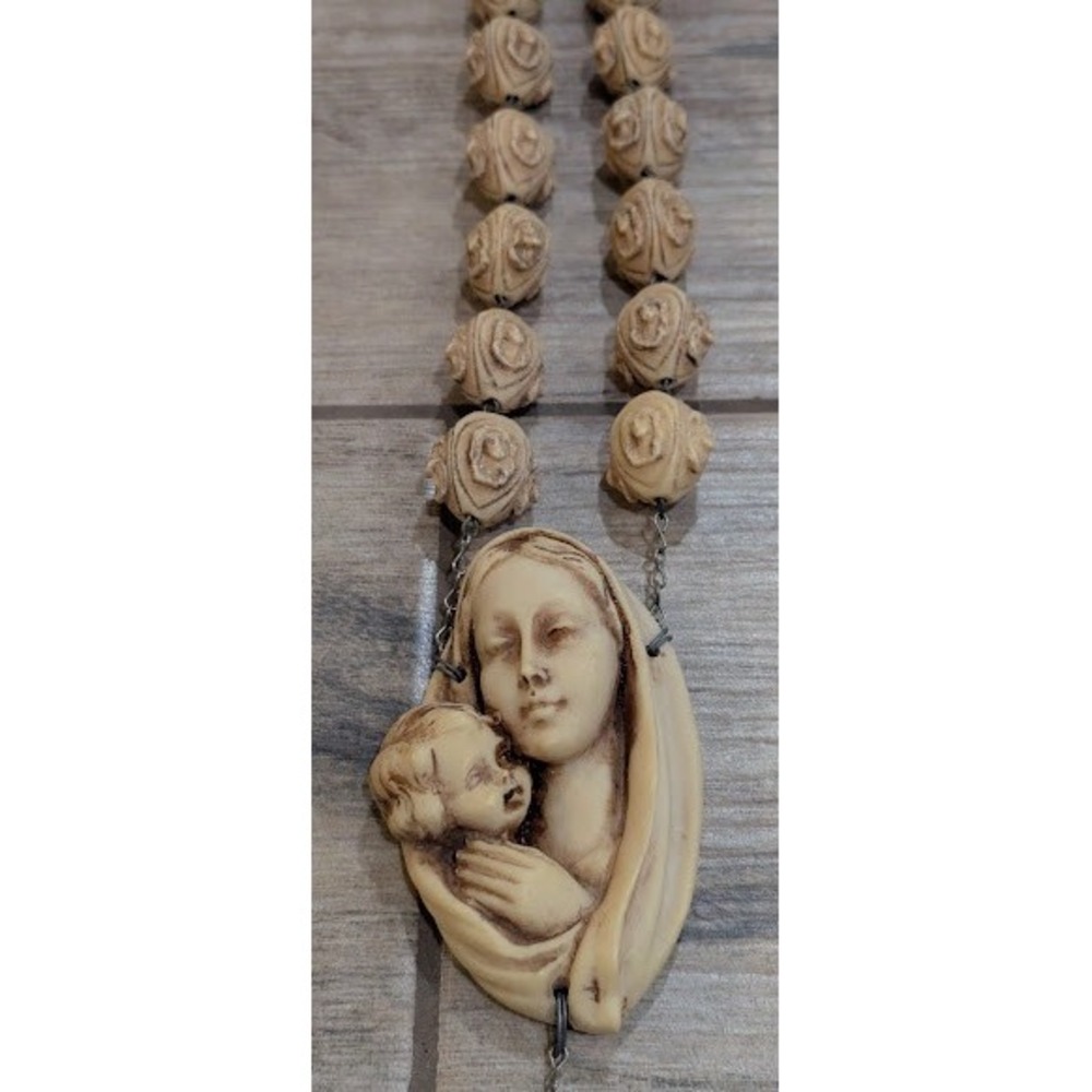 Vintage Wall Rosary 57" Faux Ivory Carved Alabasterite Madonna Child Rose Beads